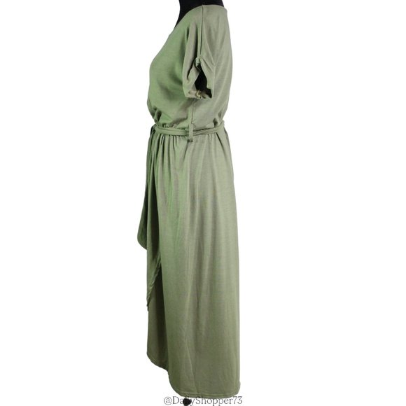 Azbro Women's Tulip Hem Short Sleeve Jersey Knit Olive Green Midi Dress - Picture 2 of 4